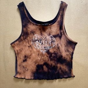 Black Bleach Tie-Dye "Queen" Lettuce Trim Cropped Tank Top